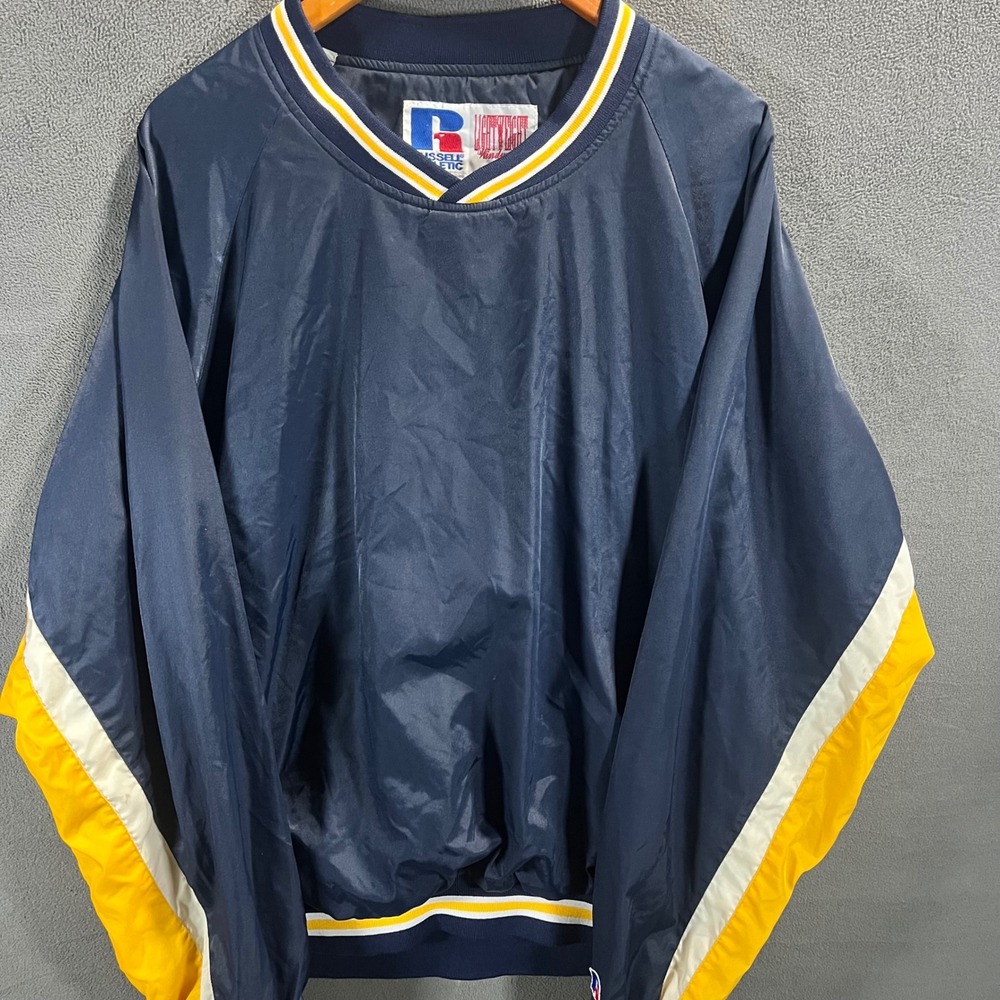 Russell Athletic Mens XL V-Neck Windbreaker Pullover Navy Blue Yellow White